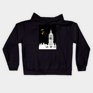 Mary Poppins and Big Ben Linocut Print in white, black and gold Kids Hoodie